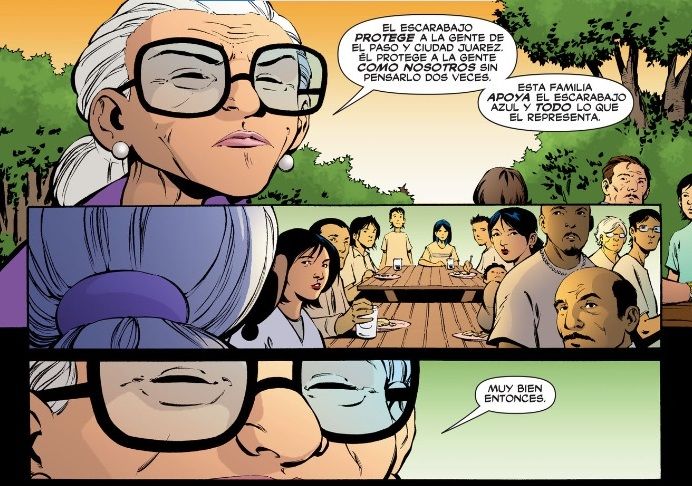 From Blue Beetle #26. An old woman, Blue Beetle's grandmother, says/demands that the entire family support Beetle. The entire scene is in Spanish.