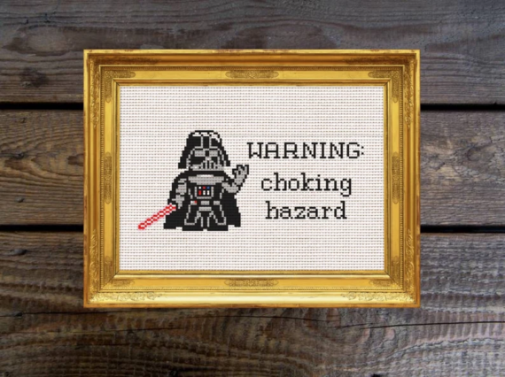 Darth Vader with a choking hazard warning cross stitch