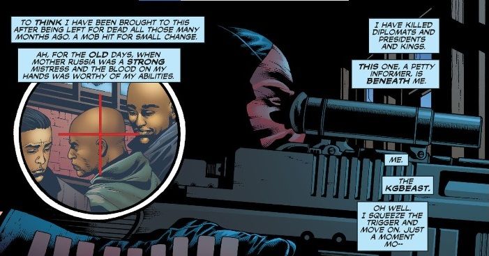 From Detective Comics #817. KGBeast takes aim at a young Black man while waxing poetic about his career.