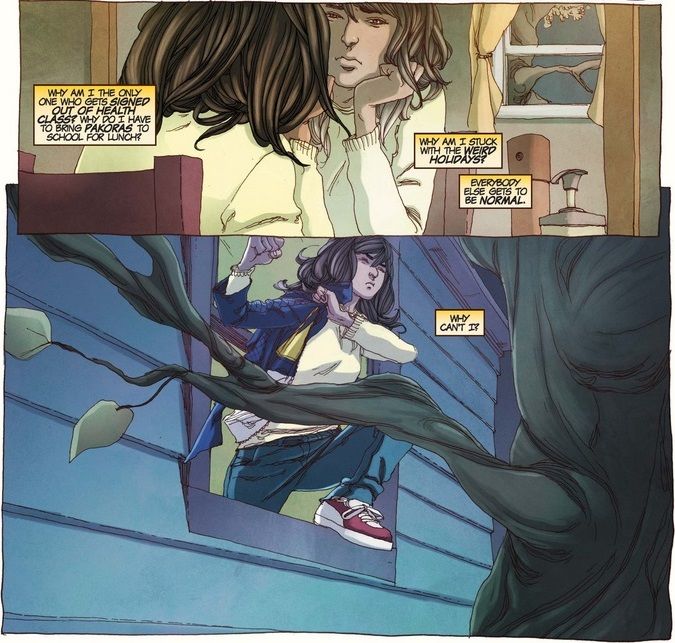 From Ms. Marvel #1. Kamala wishes she were a "normal" girl and sneaks out her window to go to a party.