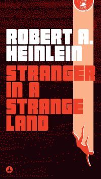 Stranger in a Strange Land by Robert A. Heinlein - book cover - illustration of a man falling through the sky alongside blocky text