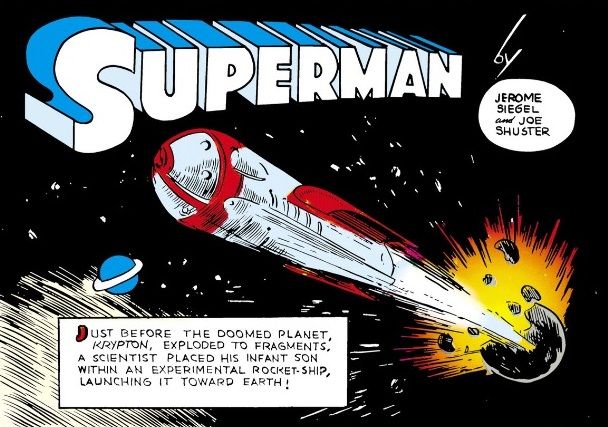 From Superman #1. Baby Kal-El's rocket hurtles away from the exploding planet Krypton.