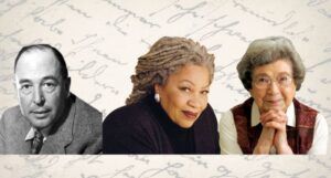 author portraits of cs lewis, toni morrison, and beverly cleary
