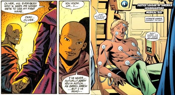 On the left are two panels from Green Arrow #0 featuring Connor Hawke with medium brown skin, a shaved head, blond eyebrows, and visibly Black and Asian features. On the right is one panel from Green Arrow/Black Canary #14 featuring Connor with light blond hair, white features, and a relatively fair complexion.