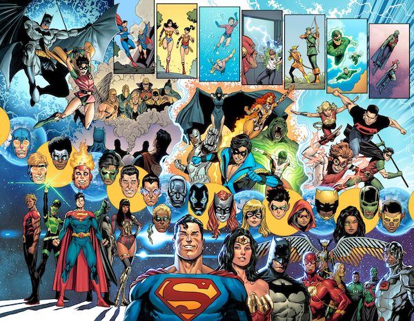A two page spread of DC heroes. The top row has several panels of mentors and proteges/predecessors and successors, including Batman and Robin, Superman and Supergirl, and three Green Lanterns (Hal Jordan, Guy Gardner, and John Stewart). The second row features teams: the JLA meeting the JSA, the New Teen Titans, the early 2000s Teen Titans. The third row is headshots of 18 heroes ranging across various generations from Black Lightning to the Signal. Connor Hawke is in this row. The final row shows the "new" Justice League led by Jon Kent, and a more classic "Big Seven" Justice League plus Cyborg and Hawkgirl.