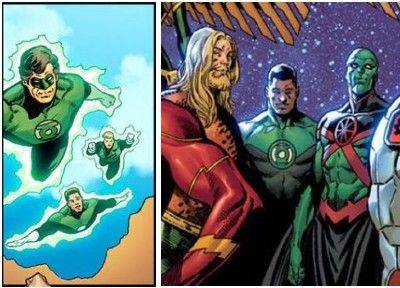 A closeup of both depictions of John Stewart on the Dark Crisis splash page. The first shows him flying with Hal Jordan and Guy Gardner. All three men have approximately the same (white) skin tone.

The second shows him with the rest of the current-ish League, flanked by Aquaman and Martian Manhunter. He is unambiguously Black.