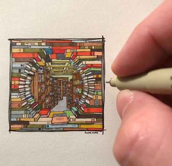 Blake Gore drawing of the book portal at The Last Bookstore