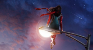 a cropped version of the Ms Marvel poster, showing Ms. Marvel sitting on a lamppost