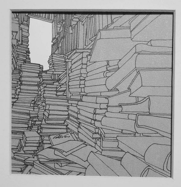 "In the Beginning" by Italian artist Pierpaolo Rovero. Line drawing of stacks and stacks of books.