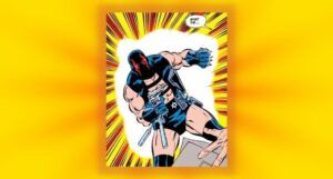 closeup of a panel from Batman #417. The KGBeast, dressed in what appears to be skimpy fetish gear, prepares to shoot someone.