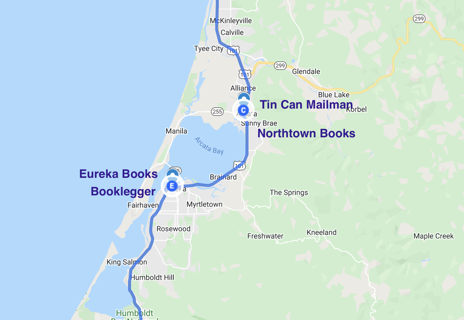 map of literary stops in arcata and eureka oregon