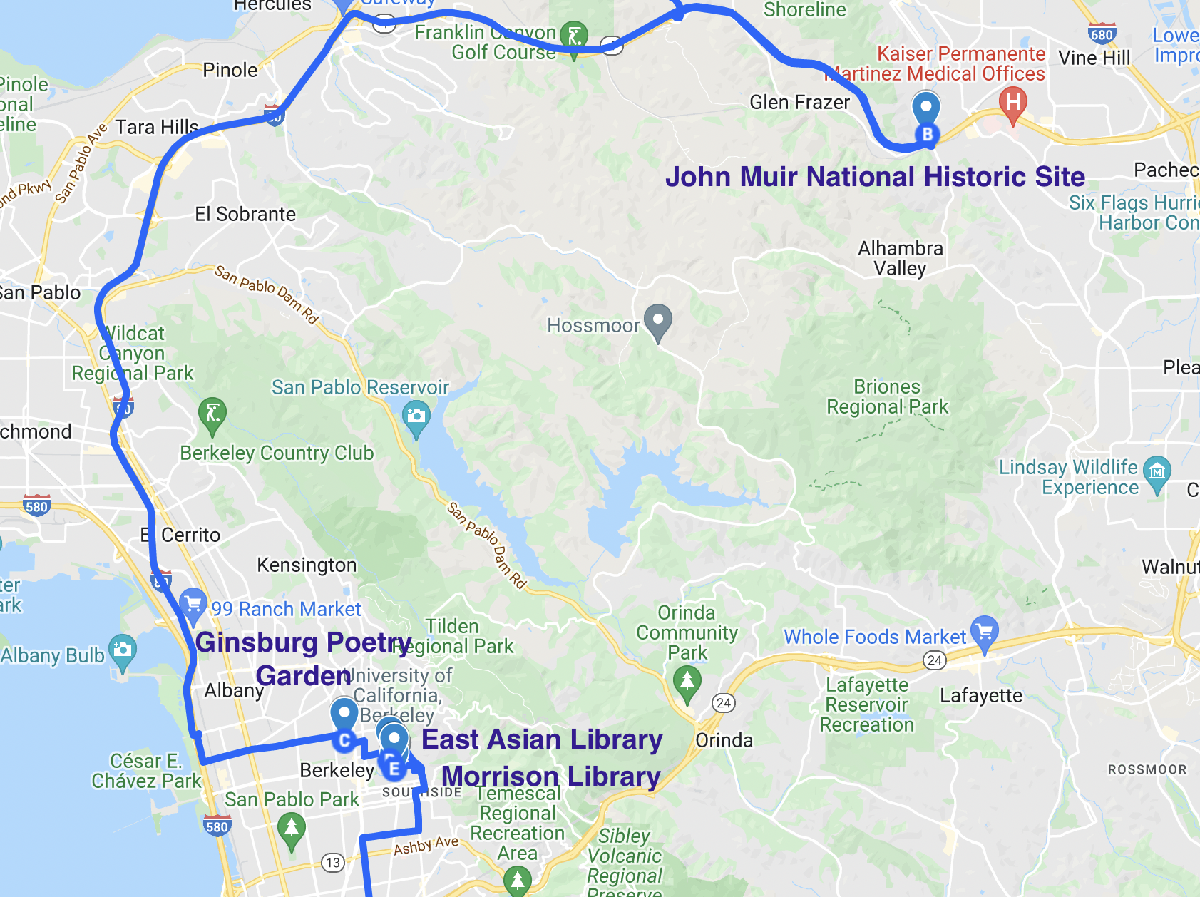 map of literary stops in Martinez and Berkeley California