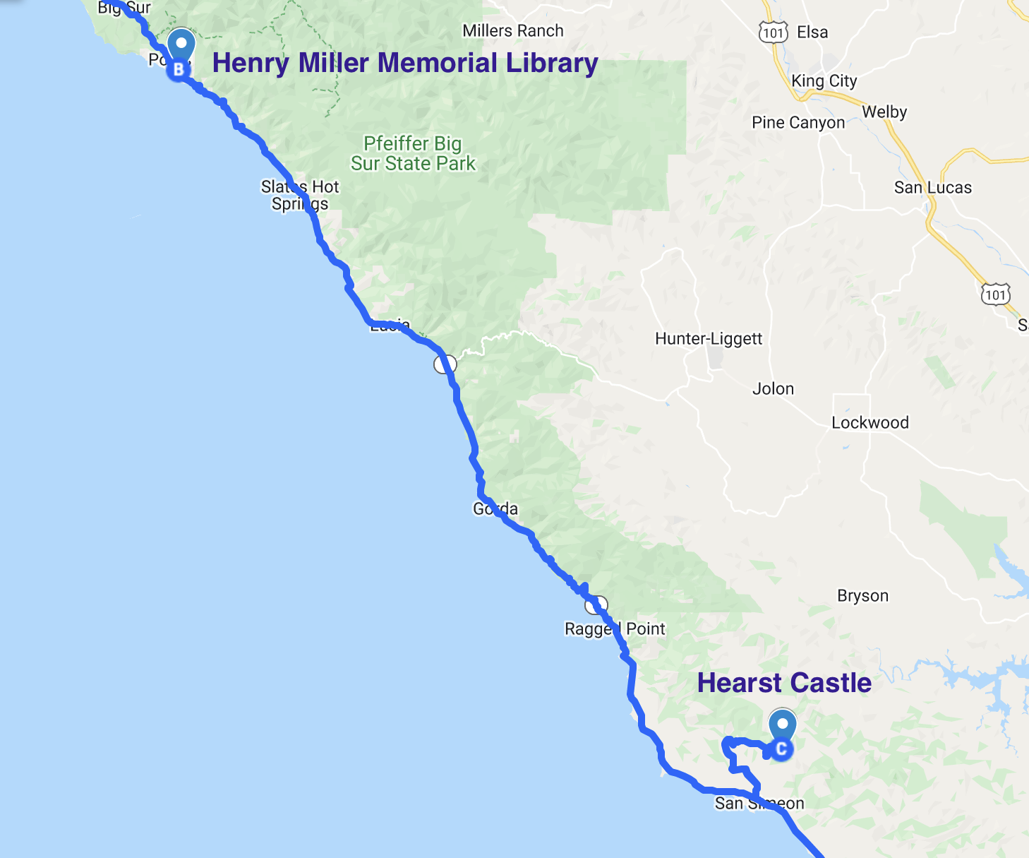 map of literary stops in big sur california
