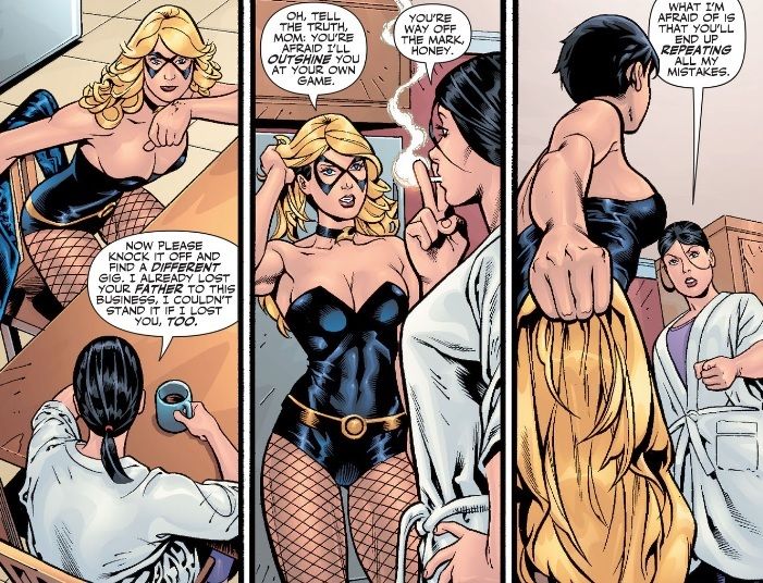 From Birds of Prey #100. Dinah Drake tries to convince Dinah Lance to give up superheroing. It goes badly.