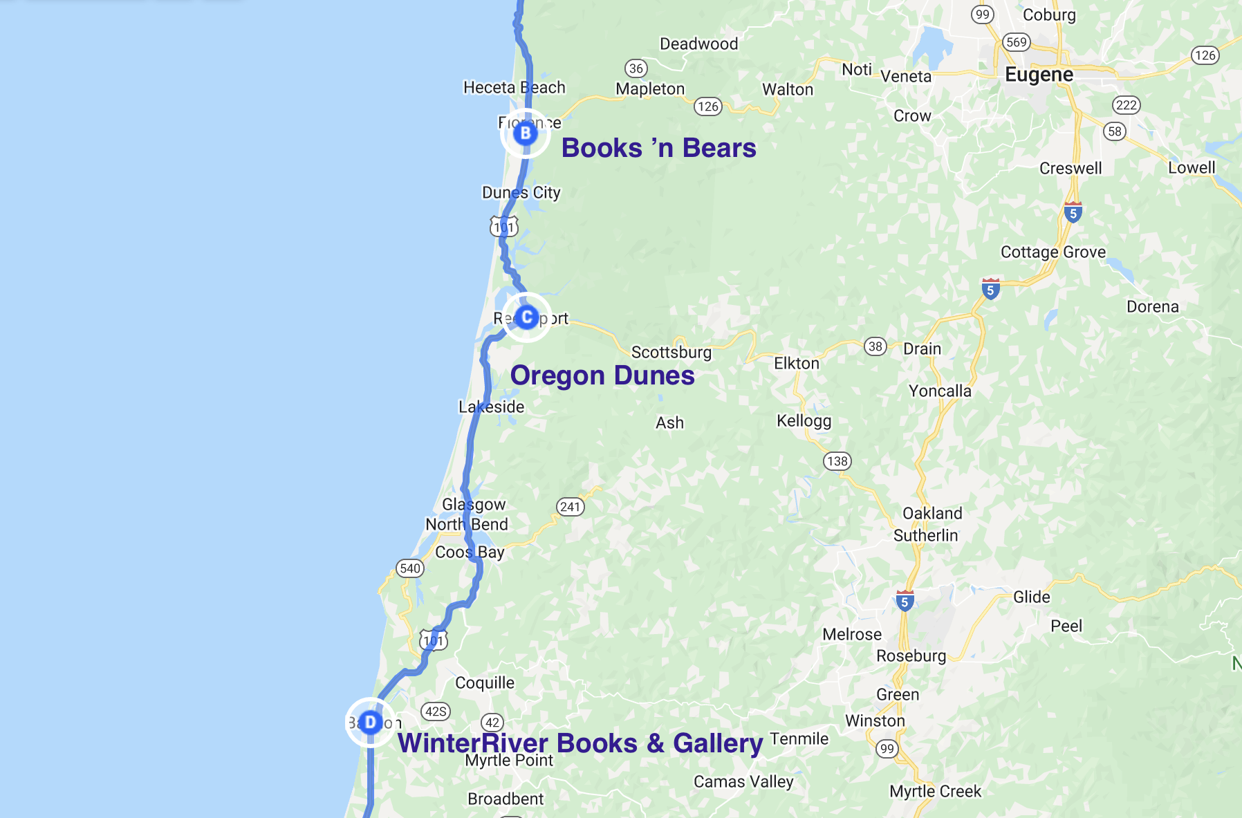 map of literary stops that include the cities of Florence and Bandon as well as the Oregon Dunes 