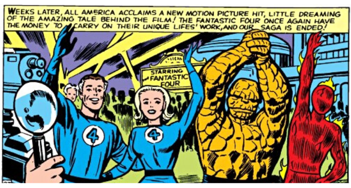 a panel showing The Fantastic Four wave cheerfully at a movie premiere as they are photographed.