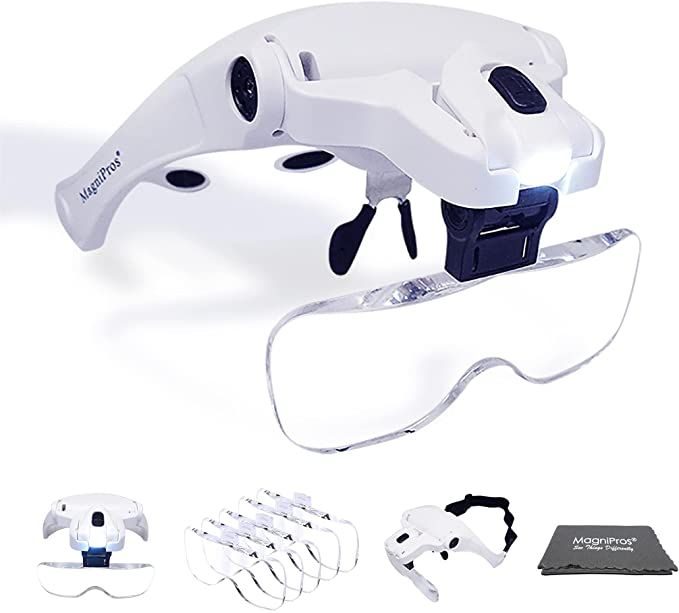 MagniPros LED Illuminated Headband Magnifier Visor with Bonus Cleaning Cloth and 5 Detachable Lenses 1X, 1.5X, 2X, 2.5X 3.5X