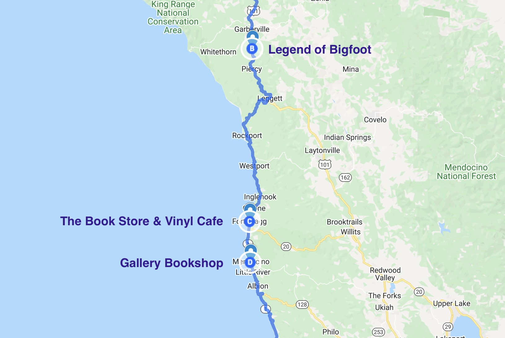 map of literary stops along the northern californian coastline