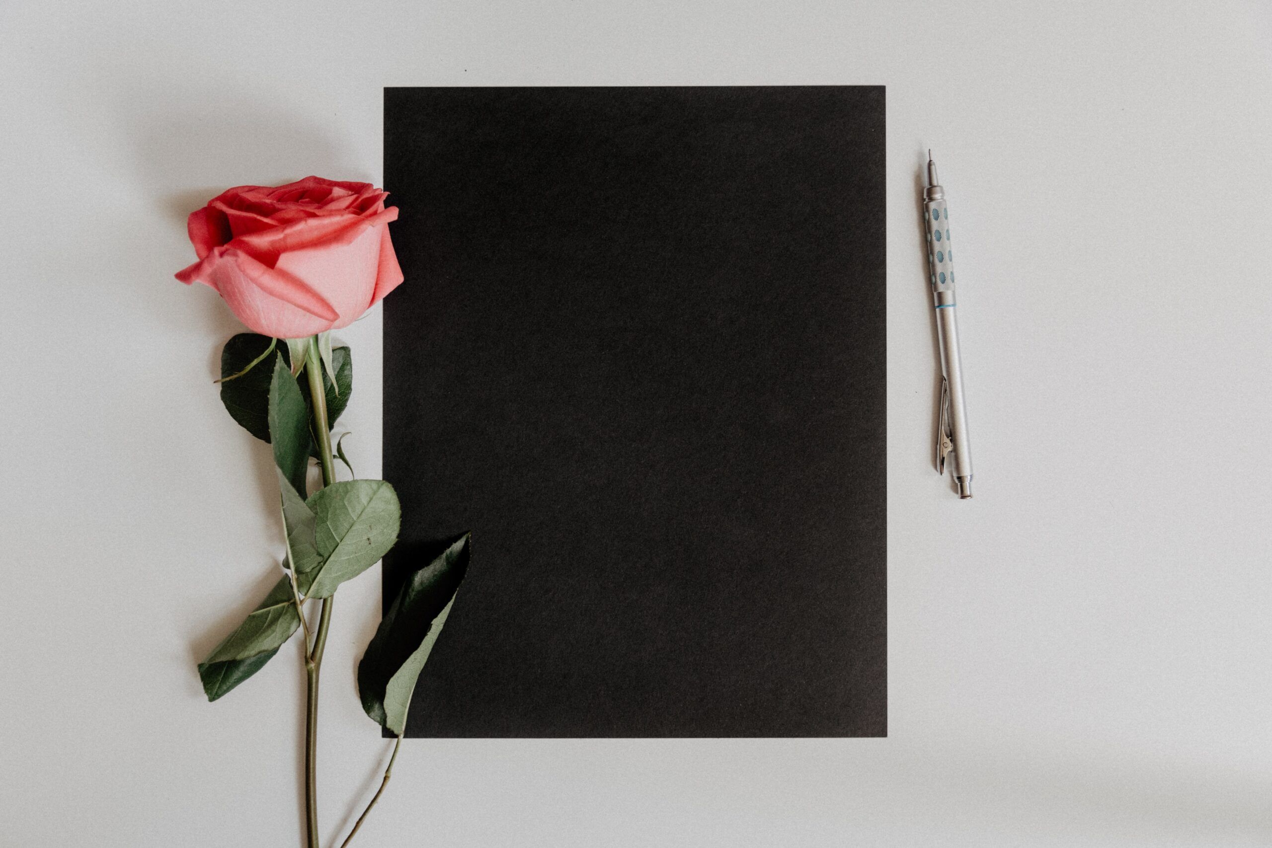 A pink rose is lying by the side of a journal with a black cover. A silver colored pen is also seen.