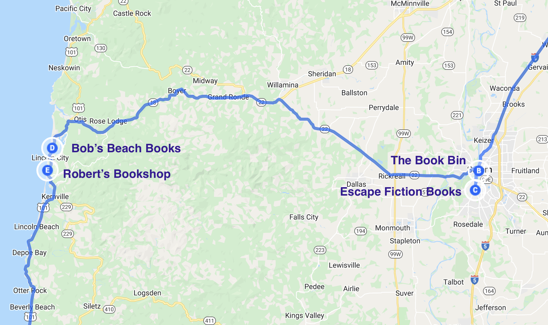 map of literary spots in salem and lincoln city oregon