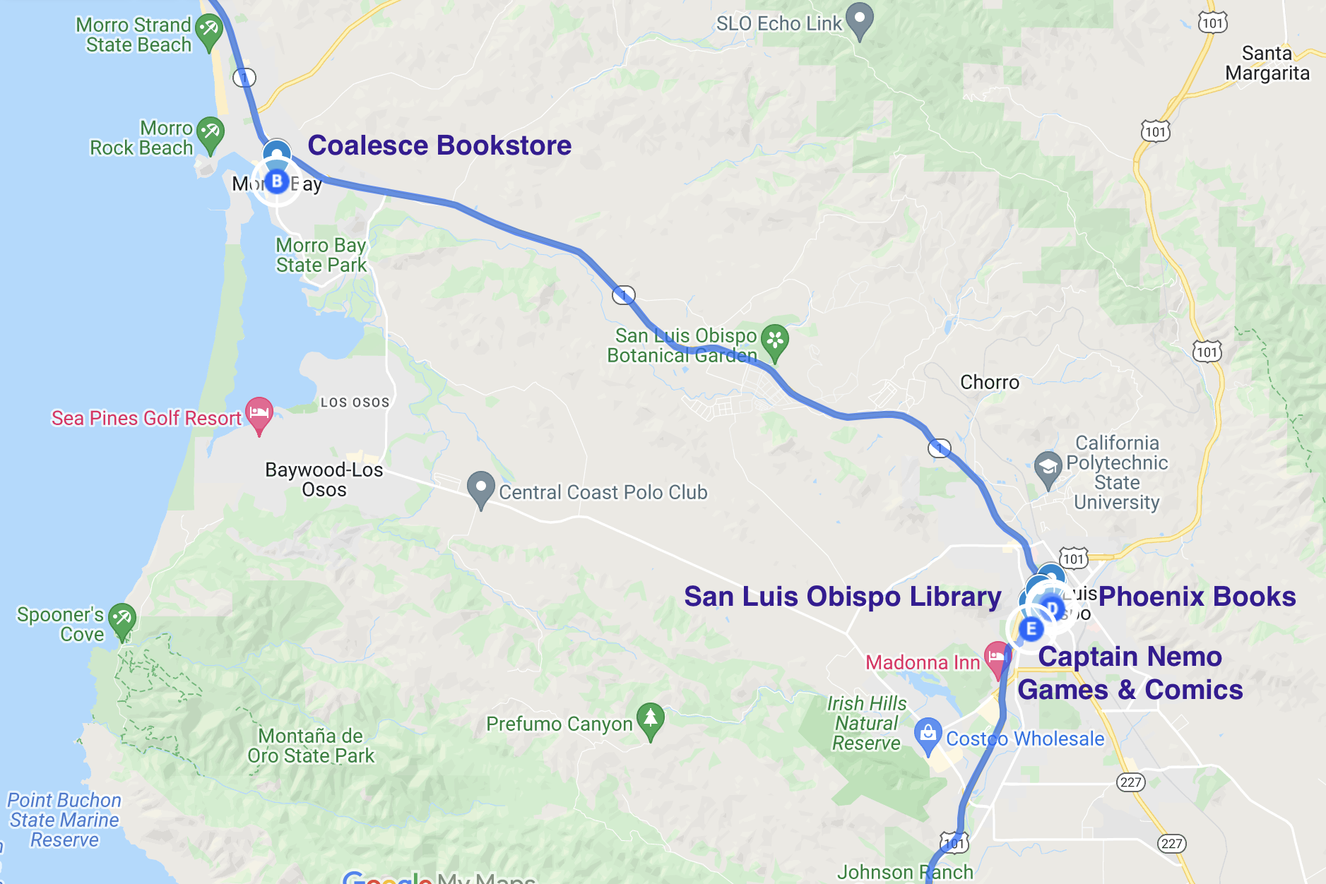 map of literary spots in San Luis Obispo California