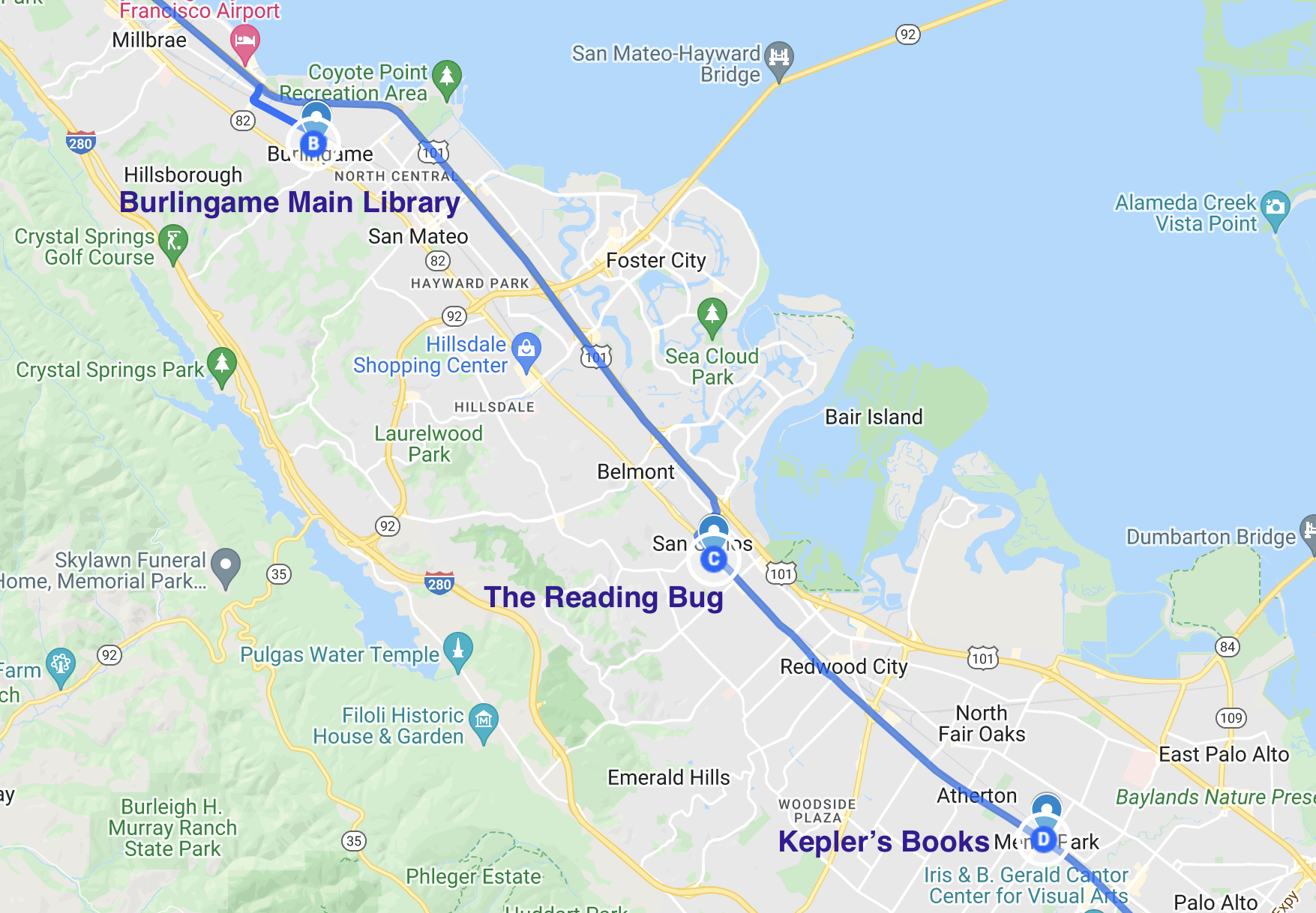 map of literary stops in san mateo county california