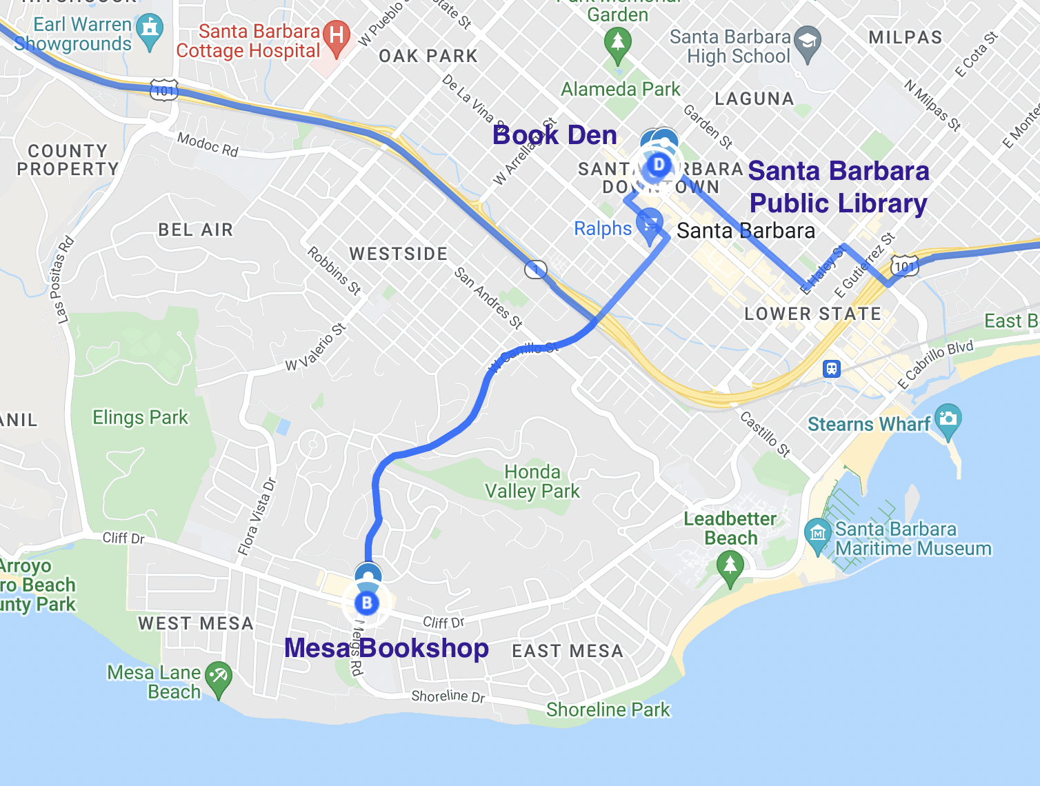 map of literary stops in santa barbara california