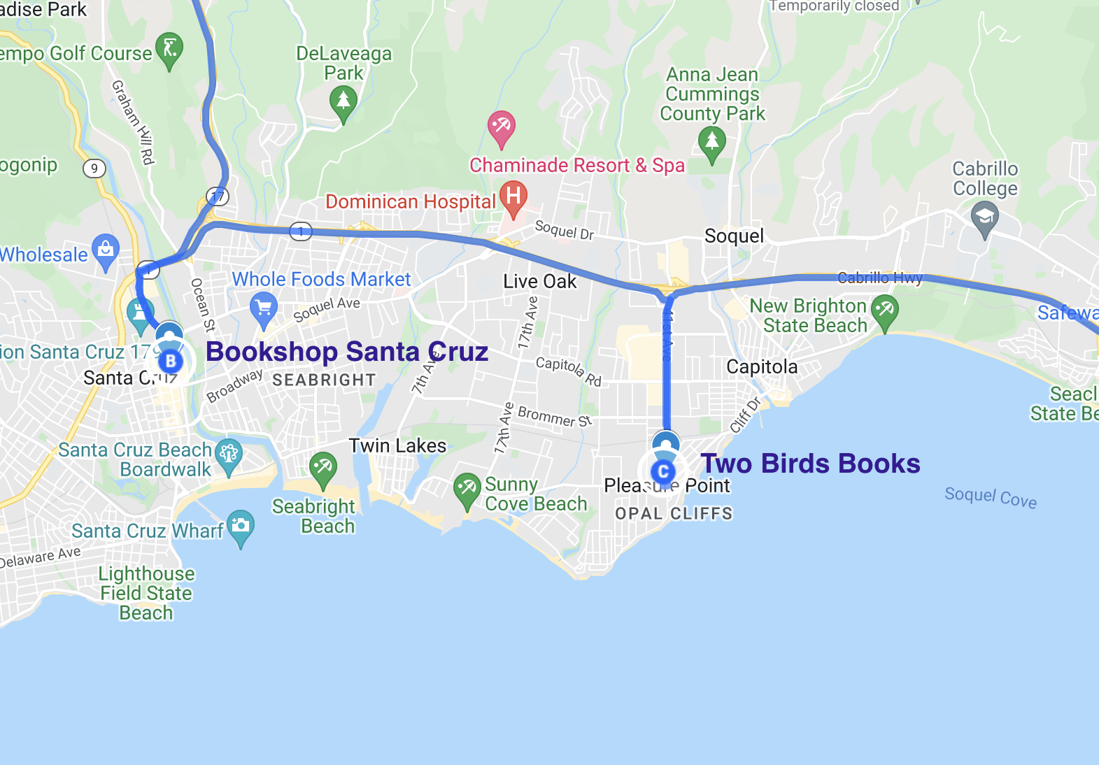 map of literary stops in santa cruz california