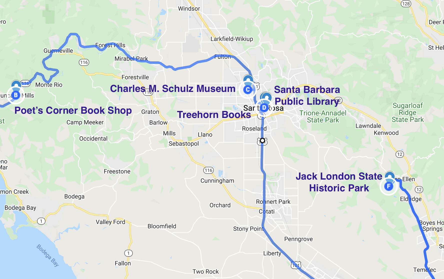 map of literary spots near and in Santa Rosa California