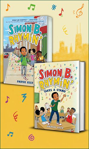 Yellow background with a city skyline behind the book covers for SIMON B. RHYMIN’ and SIMON B. RHYMIN’ TAKES A STAND. 
