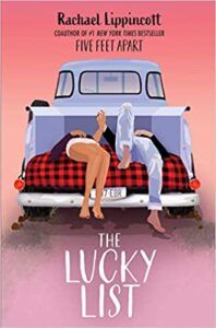 the paperback cover of The Lucky List, showing two teenage girls laying on a plaid blanket in the back of a pickup truck