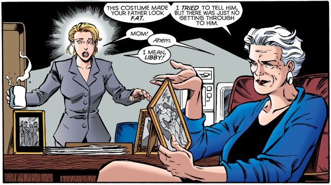 From Titans #21. Libby Lawrence sits at her daughter Jesse's desk, criticizing a photo of her husband. Jesse is very surprised to see her there.