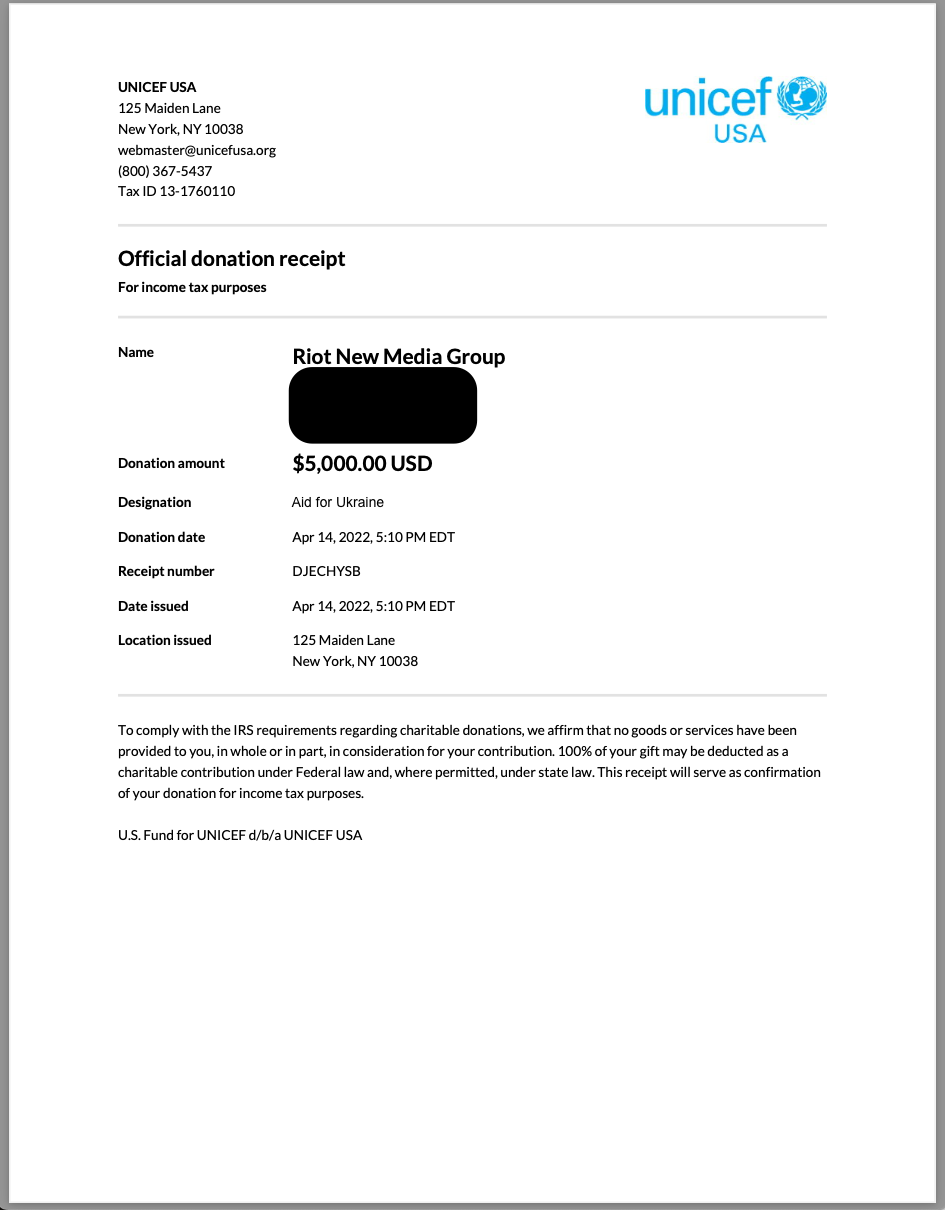 receipt for a $5,000 donation to UNIICEF on behalf of Book Riot