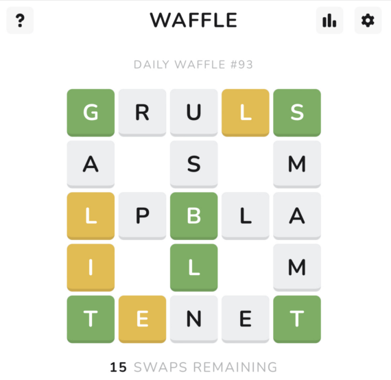 a graphic showing a Waffle board. Letters are randomly arranged in a cross pattern with a square outline, resembling a waffle.