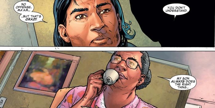 From War Machine #6. Roberta Rhodes calmly sips her tea as she says her son will always do the right thing.