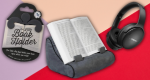 three of the accessible reading accessories featured: two book holders and noise cancelling headphones