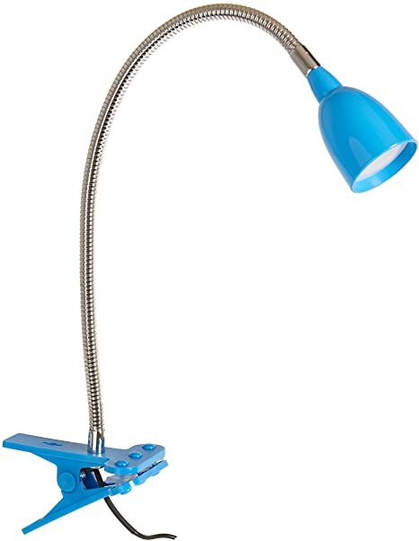 a photo of a blue clip on reading lamp