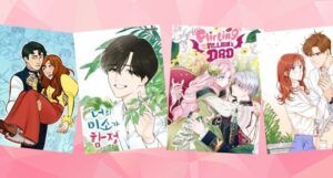 collage of four covers of manhwa featuring the grumpy/sunshine trope