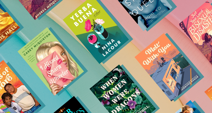 a collage of the covers listed against a rainbow background