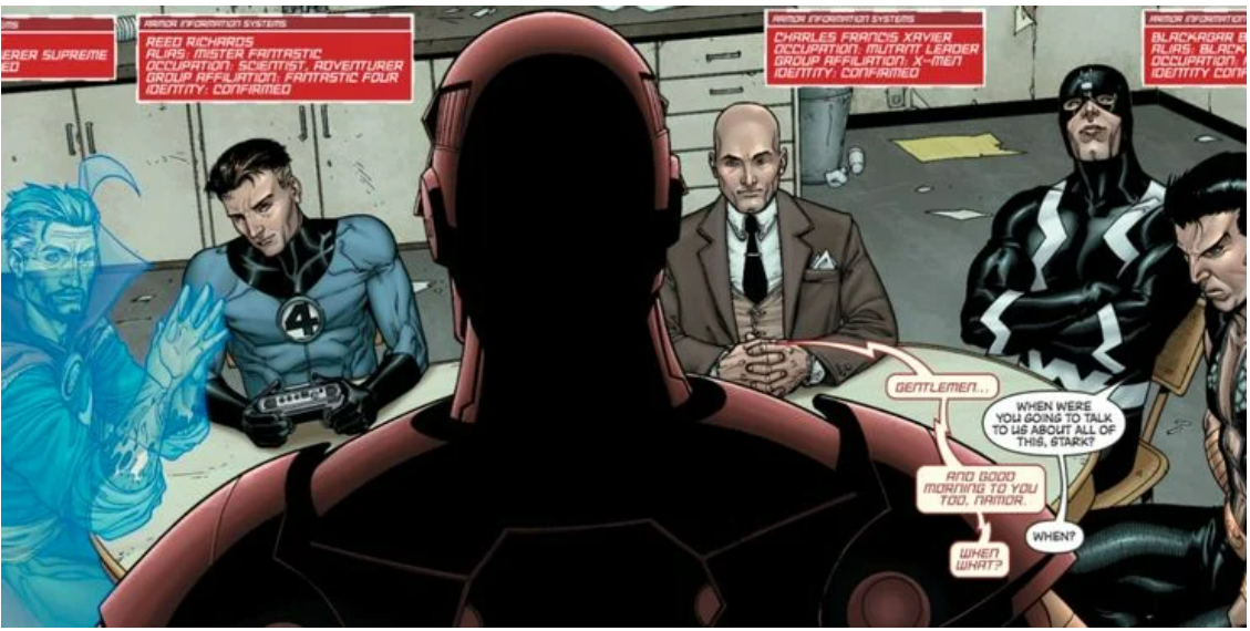 Image from NEW AVENGERS #7 showing Iron Man looking out at the other Illuminati members, all at a table