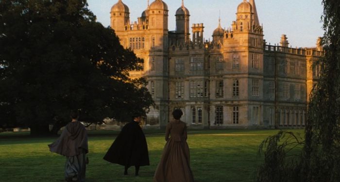 still frame from Pride and Prejudice film (2055) showing Pemberley, the home of Mr. Darcy