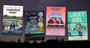a collage of queer YA books featuring pickup trucks against a starry background