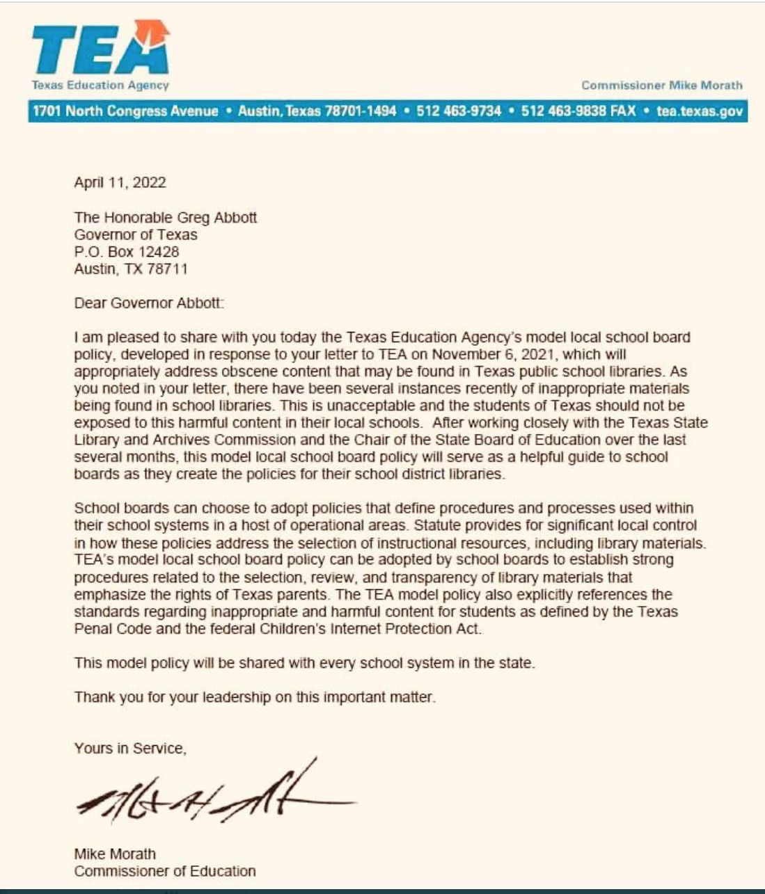 Letter from the Texas Education Department to Governor Abbott..