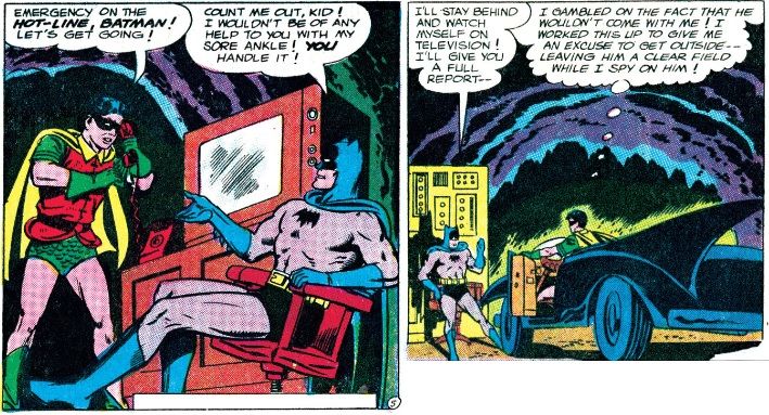 From Batman #183. Batman, rather than respond to an emergency, says he's going to stay home and watch TV. Robin muses that this is going according to his plan to expose the fake Batman.