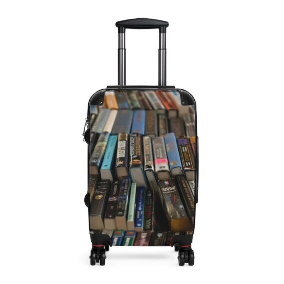 Suitcase with book spines on it