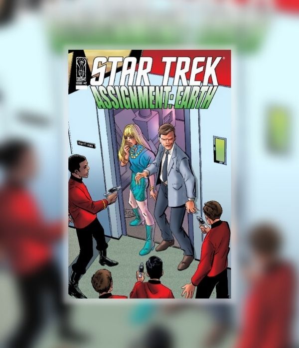Cover of Star Trek: Assignment Earth #2. A man and a woman in civilian clothes face several redshirts aiming phasers at them.