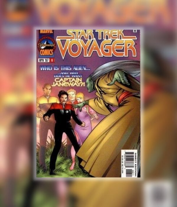 Cover of Star Trek: Voyager #6. A tall green alien looms over Captain Janeway, who who does not look about it at all.