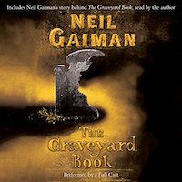 A graphic of the audiobook cover of The Graveyard Book by Neil Gaiman