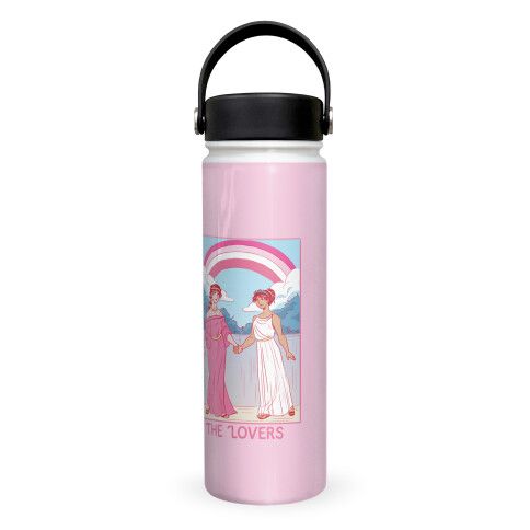 A pink water bottle with an image inspired by tarot "The Lovers" card with an image of two women who look roughly like Sappho and a lesbian pride colored rainbow