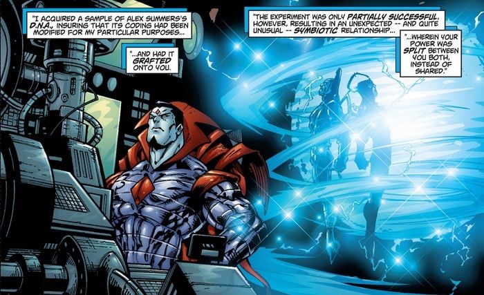 From Uncanny X-Men #376. Mister Sinister stands at a large machine. Behind him, light swirls around an immobilized Living Pharaoh and Havok.